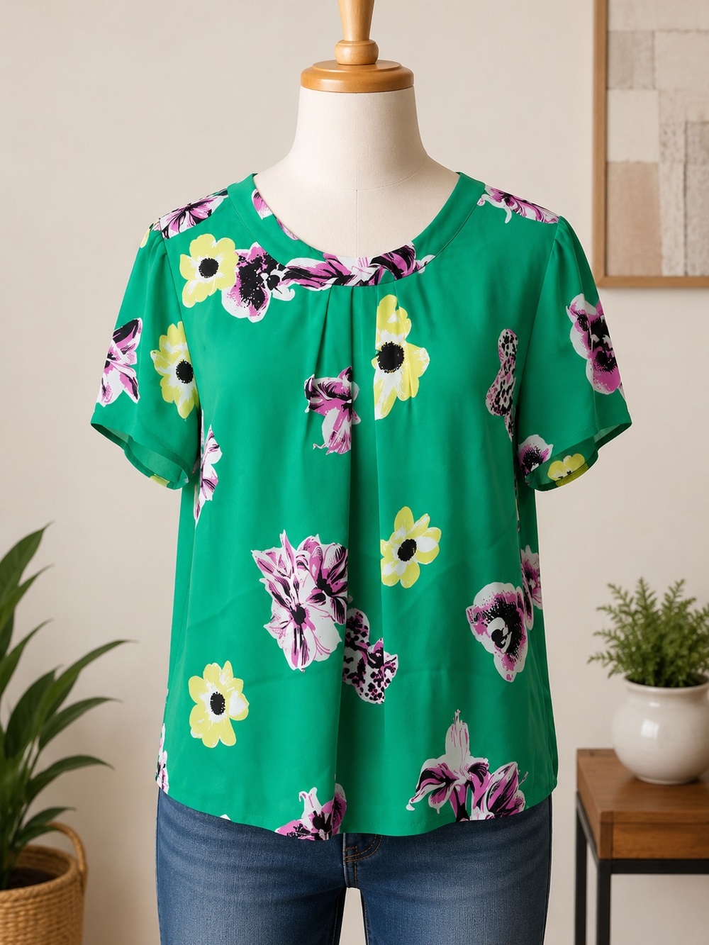 J. Crew Green Floral Short-Sleeve Blouse with Pink & Yellow Blooms